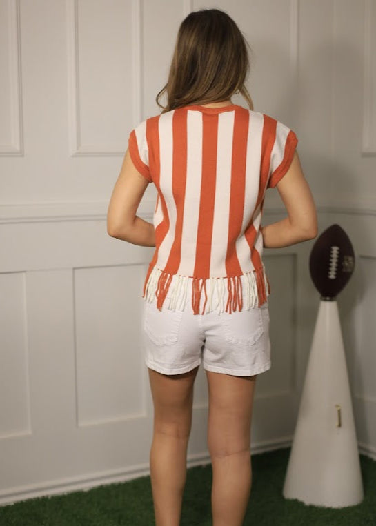 SIDELINE CHIC VERTICAL STRIPE FRINGE BURNT ORANGE SWEATER