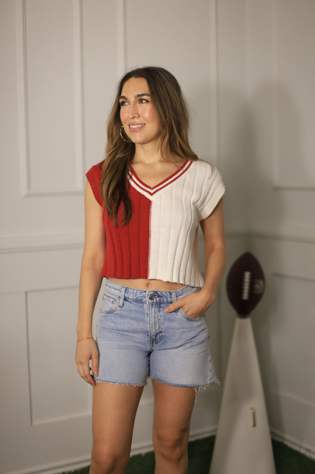 FAN ZONE TWO TONE V-NECK SWEATER