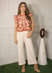 GAME DAY CHARM BURNT ORANGE EMBROIDERED BLOUSE