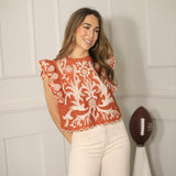 GAME DAY CHARM BURNT ORANGE EMBROIDERED BLOUSE