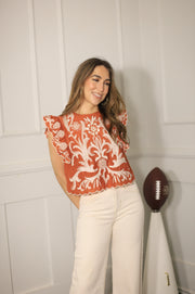 GAME DAY CHARM BURNT ORANGE EMBROIDERED BLOUSE