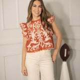 GAME DAY CHARM BURNT ORANGE EMBROIDERED BLOUSE