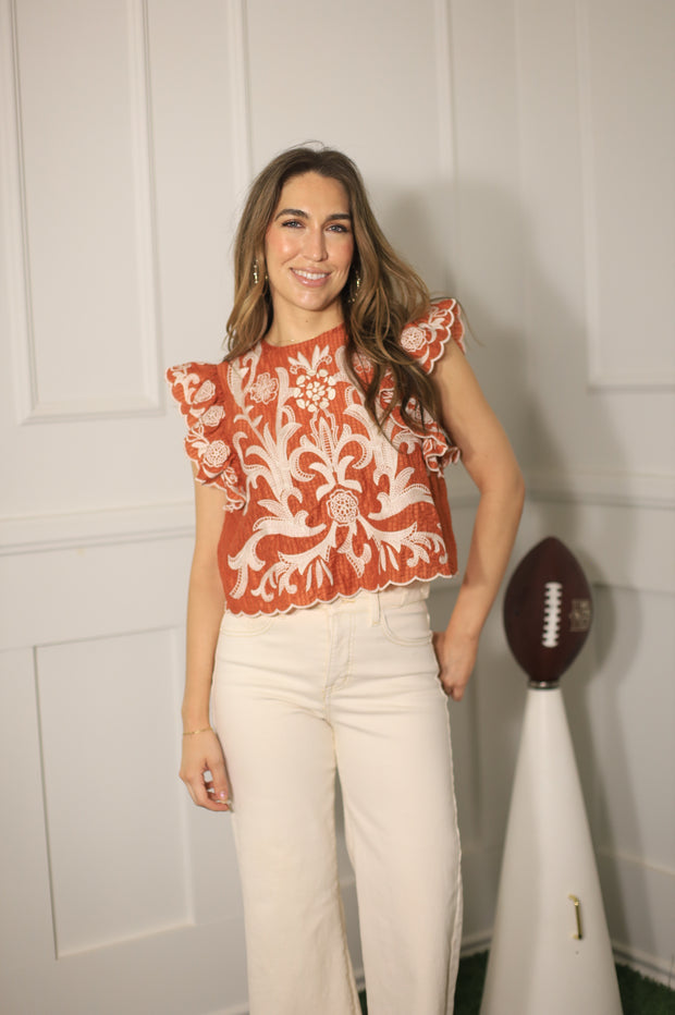 GAME DAY CHARM BURNT ORANGE EMBROIDERED BLOUSE