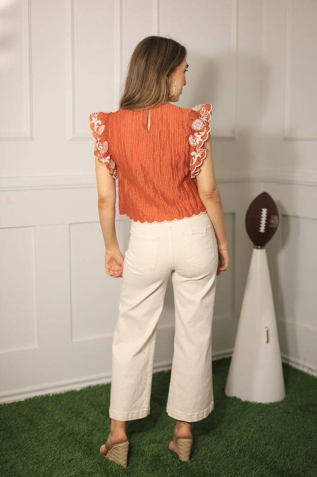 GAME DAY CHARM BURNT ORANGE EMBROIDERED BLOUSE