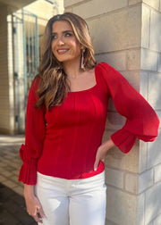 BECAUSE OF YOU RED PLEATED SLEEVE KNIT TOP