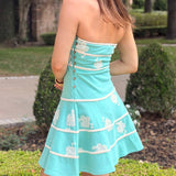 MODERN ROMANTIC STRAPLESS TEAL EMBROIDERED DRESS