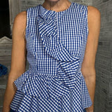 PICNIC PERFECT GINGHAM SLEEVELESS RUFFLE TOP