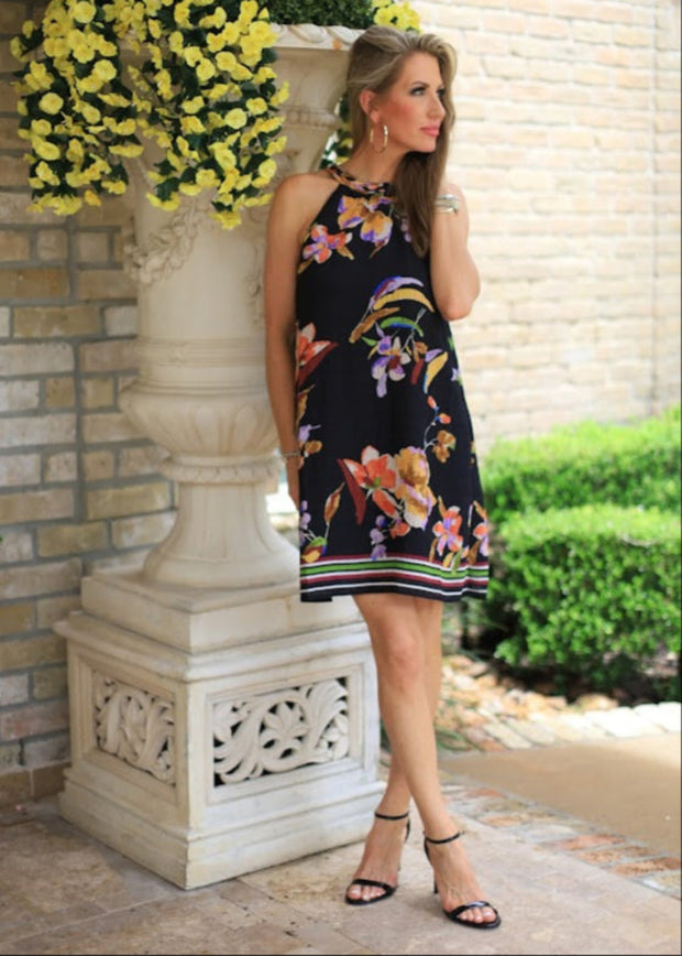 EYE CATCHER BLACK FLORAL HALTER DRESS