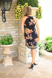 EYE CATCHER BLACK FLORAL HALTER DRESS