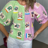 QUEEN OF SPARKLES GINGHAM MAHJONG TILE TOP