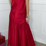 COMING IN HOT RED HALTER NECK SLEEVELESS SATIN TOP