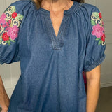 WILDFLOWER WALK EMBROIDERED CHAMBRAY BLOUSE