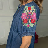 WILDFLOWER WALK EMBROIDERED CHAMBRAY BLOUSE