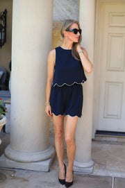 TRUE CHARM NAVY CROP WITH CONTRAST ACCENTED SCALLOP HEM