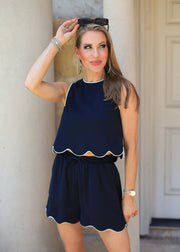 TRUE CHARM NAVY CROP WITH CONTRAST ACCENTED SCALLOP HEM