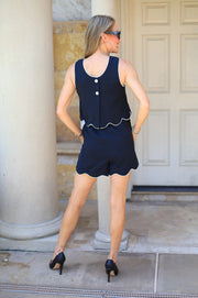 TRUE CHARM NAVY CROP WITH CONTRAST ACCENTED SCALLOP HEM