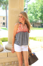 TRUST THE TIMING EMBROIDERED STRIPE KNIT TOP