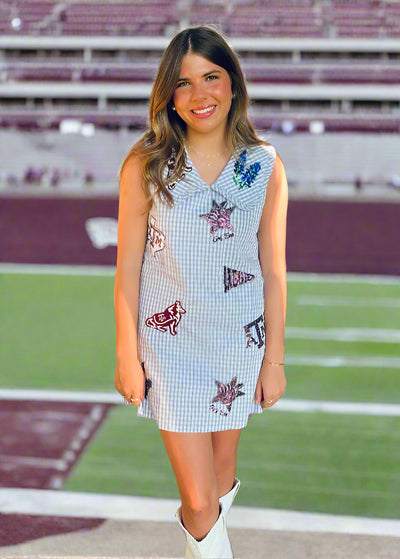 QUEEN OF SPARKLES:  TEXAS A&M GINGHAM SEQUIN PATCH DRESS