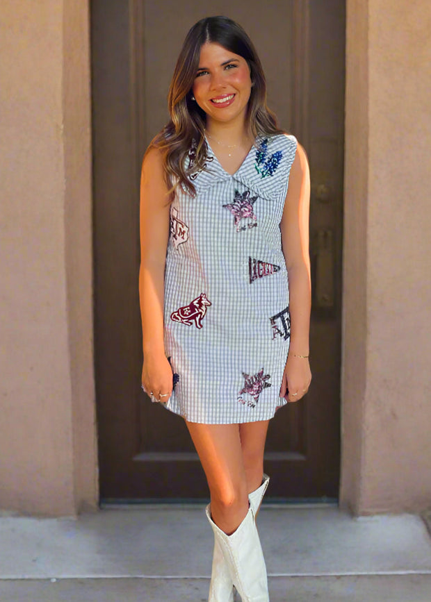 QUEEN OF SPARKLES:  TEXAS A&M GINGHAM SEQUIN PATCH DRESS