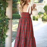WRAPPED IN A BOW RED PLAID MAXI DRESS