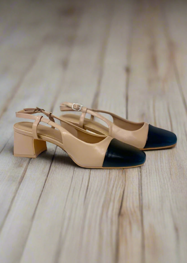 BETHANY BEIGE & BLACK SLINGBACK HEEL