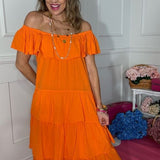 LEFT AN IMPRESSION OFF SHOULDER DRESS - ORANGE OR NATURAL