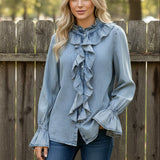 CLASSIC CHOICE RUFFLE CHAMBRAY BLOUSE