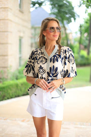VISTA VIEWS BUBBLE SLEEVE PRINT BLOUSE