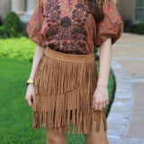 FALL VIBES FAUX SUEDE FRINGE SKIRT - BROWN OR BEIGE