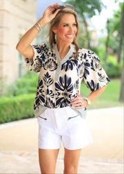 VISTA VIEWS BUBBLE SLEEVE PRINT BLOUSE