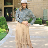 BRING THE DRAMA FAUX LEATHER TIERED FRINGE SKIRT - BLACK OR TAUPE