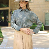 COURTYARD RENDEZVOUS SHIMMER LEAF PRINT COTTON BLOUSE - AVAILABLE IN OLIVE