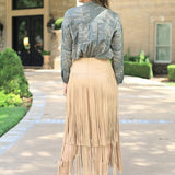 BRING THE DRAMA FAUX LEATHER TIERED FRINGE SKIRT - BLACK OR TAUPE