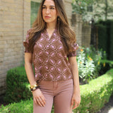 LET'S GO PLACES COTTON PRINT BUTTON DETAIL BLOUSE