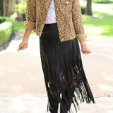 BRING THE DRAMA FAUX LEATHER TIERED FRINGE SKIRT - BLACK OR TAUPE