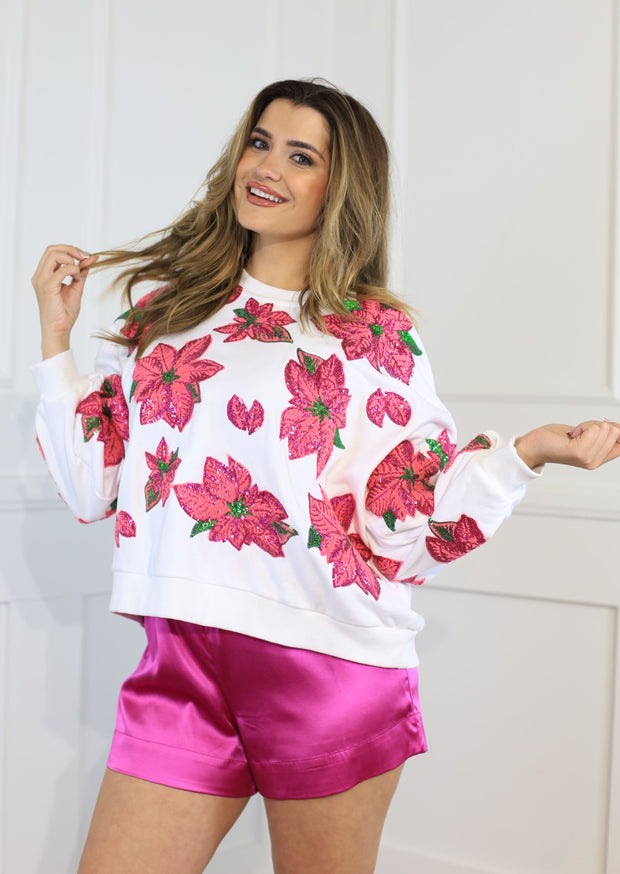 QUEEN OF SPARKLES WHITE & HOT PINK POINSETTIA SWEATSHIRT