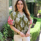 GARDEN SERENADE EMBROIDERED SLEEVE FLORAL BLOUSE