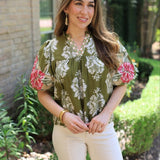 GARDEN SERENADE EMBROIDERED SLEEVE FLORAL BLOUSE