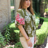 GARDEN SERENADE EMBROIDERED SLEEVE FLORAL BLOUSE