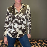 NEVER PRETEND SATIN COW PRINT BLOUSE