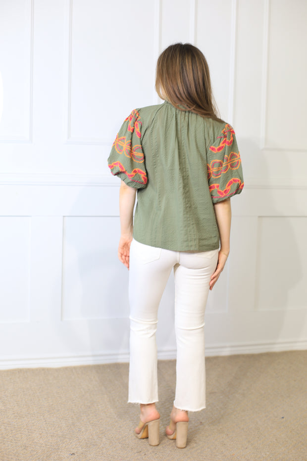 TAKE NOTICE OLIVE HAND EMBROIDERED PUFF SLEEVE TOP