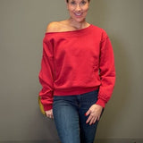SEEING RED OFF THE SHOULDER SWEATSHIRT