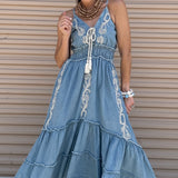 DREAMING OF YOU PEARL EMBROIDERED DENIM MAXI DRESS