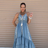 DREAMING OF YOU PEARL EMBROIDERED DENIM MAXI DRESS