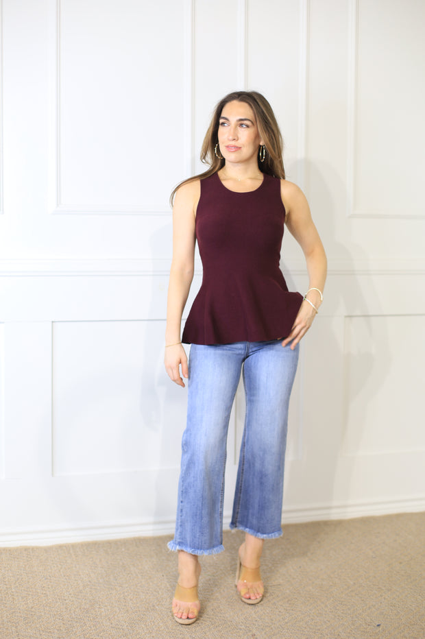 SIMPLE TWIST PLUM SLEEVELESS PEPLUM TOP