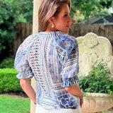 SWEET STATEMENT BLUE GEOMETRIC BLOUSE