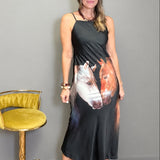 WESTERN ATTITUDE HORSE PRINT DRESS - BLACK, CHAMPAGNE OR MULTI