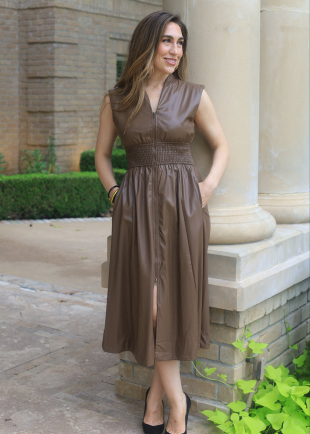 MAKE IT COUNT MOCHA FAUX LEATHER DRESS