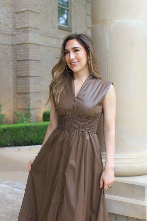 MAKE IT COUNT MOCHA FAUX LEATHER DRESS