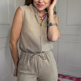 SEASIDE BISTRO KHAKI ZIP SLEEVELESS TOP